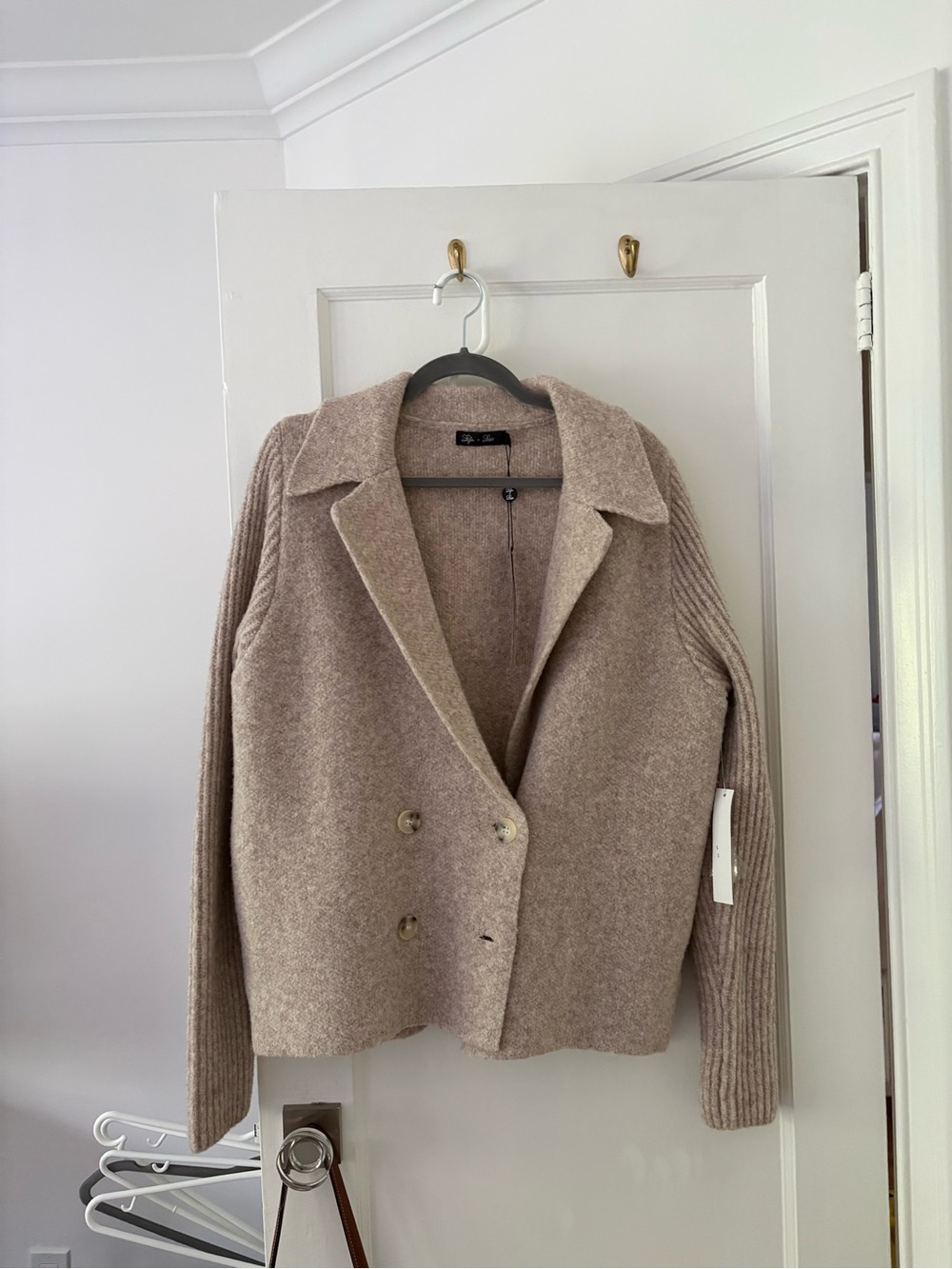 Lyla & Luxe Wool Blend Taupe Double-Breasted Coatigan